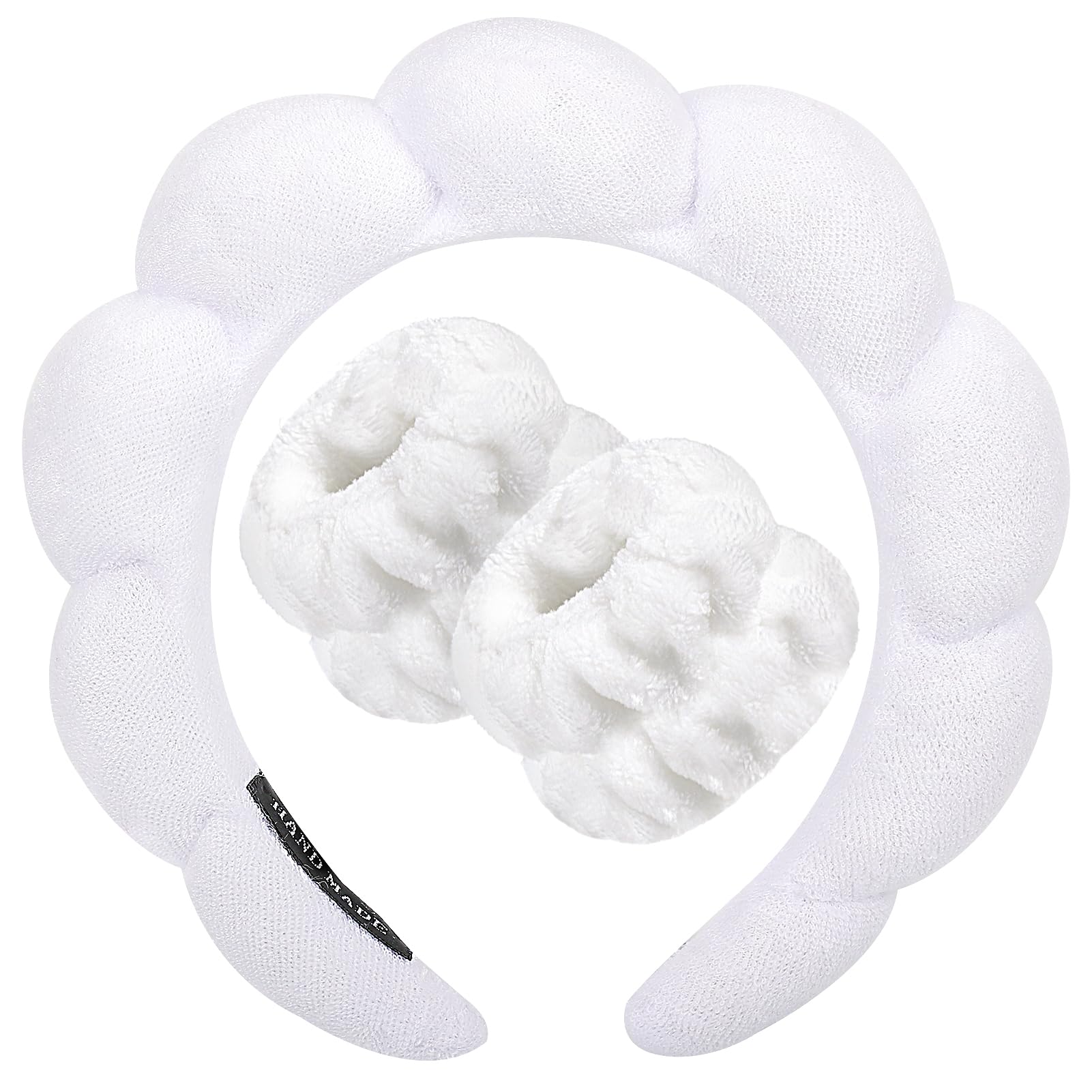 Zkptops Spa Headband for Washing Face Wristband Set Sponge Makeup Skincare Headband Terry Cloth Bubble Soft Get Ready Hairband for Women Girl Puffy Padded Headwear Non Slip Thick Hair Accessory(White)