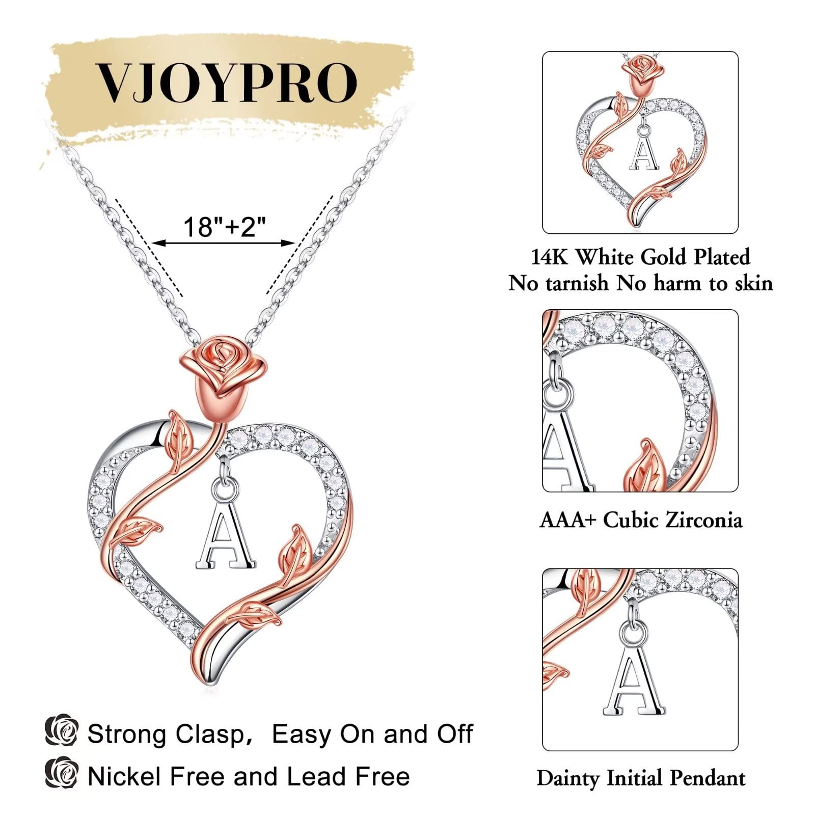 Vjoypro Necklace Gifts for Women Teen Girls, Letter A Initial Necklaces Rose Flower Love Heart Pendant Necklace I Love You Anniversary Valentines Gifts for Her Girlfriend Wife