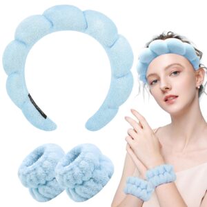 Zkptops Spa Headband for Washing Face Wristband Set Sponge Makeup Skincare Headband Terry Cloth Bubble Soft Get Ready Hairband for Women Girl Puffy Padded Headwear Non Slip Thick Hair Accessory(Blue)