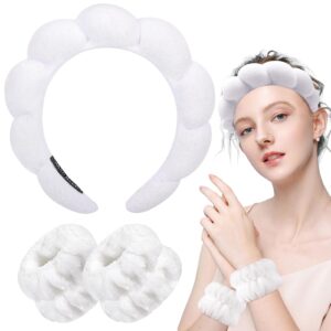 Zkptops Spa Headband for Washing Face Wristband Set Sponge Makeup Skincare Headband Terry Cloth Bubble Soft Get Ready Hairband for Women Girl Puffy Padded Headwear Non Slip Thick Hair Accessory(White)