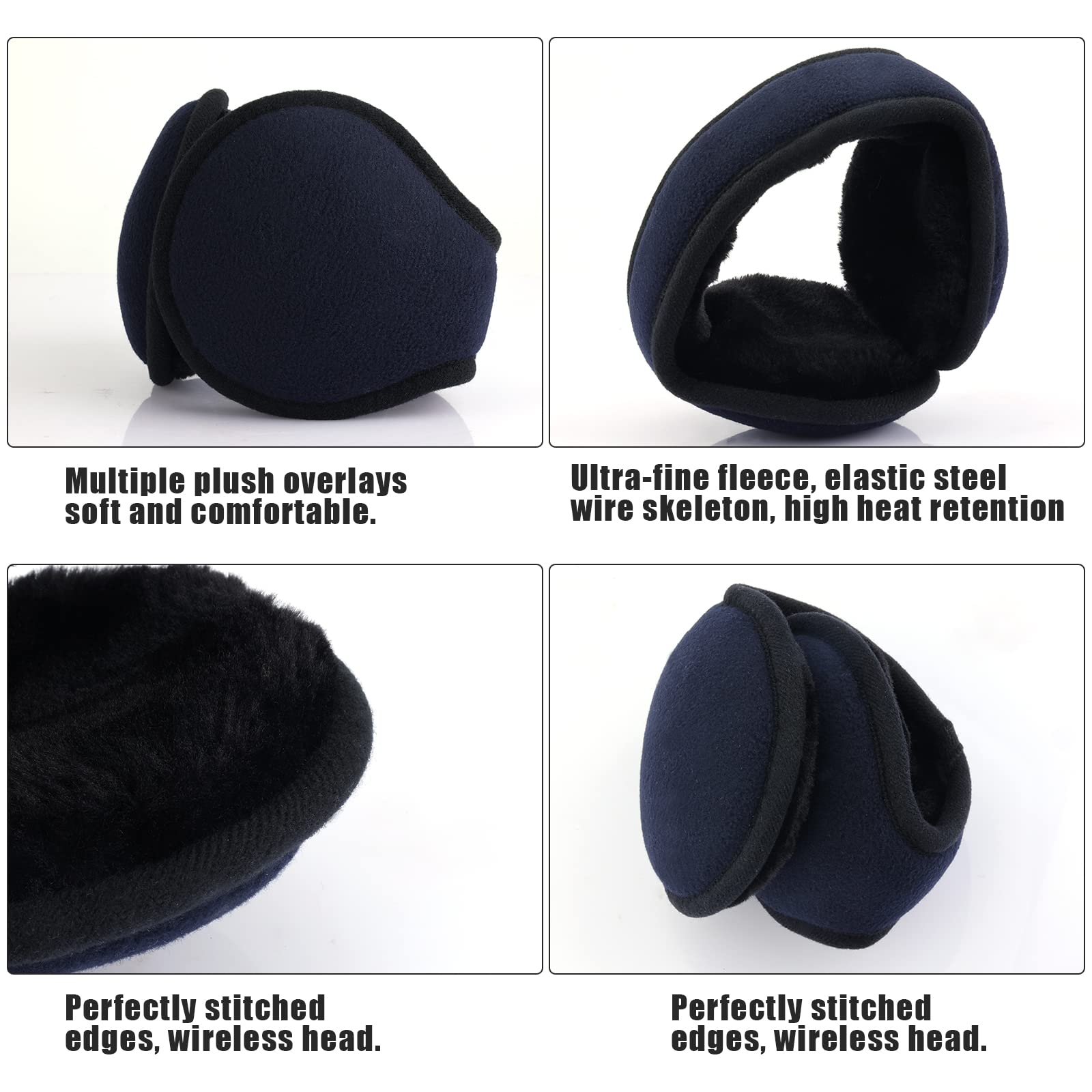 2pcs Winter Earmuffs, Fleece Unisex Foldable Ear Warmers Behind-The-Head Ear Muffs Winter Warm Ear Covers for Cold Weather Winter Outdoor Women Men (Black; Dark Blue)