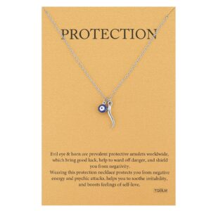 TGOLM Dainty Blue Evil Eye Charm Horn Pendant Necklace for Women's Spiritual Protection Jewelry White Gold Plated