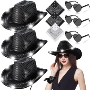 unittype 9 pcs lighting cowboy hat set, led space cowgirl hat heart glasses and paisley bandanna for women bachelorette party (black)