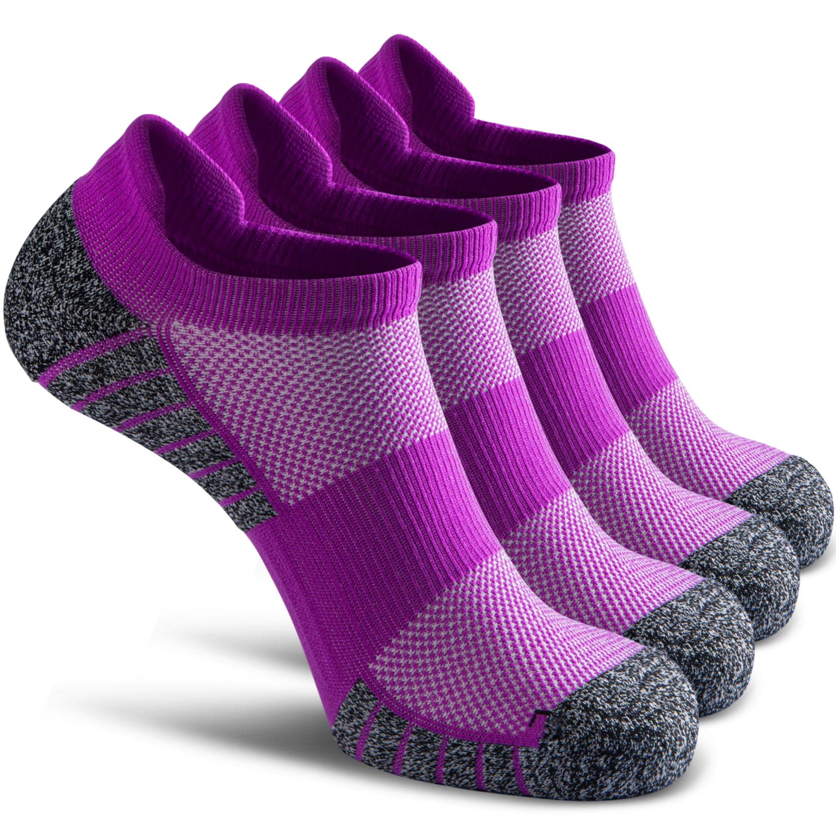 SITOISBE No Show Sports Compression Running Socks for Men Women Circulation 4-pairs, Low Cut Cushioned Socks Moisture Wicking Arch Support for Planter Faciatis Golf Exercise, Purple, Medium