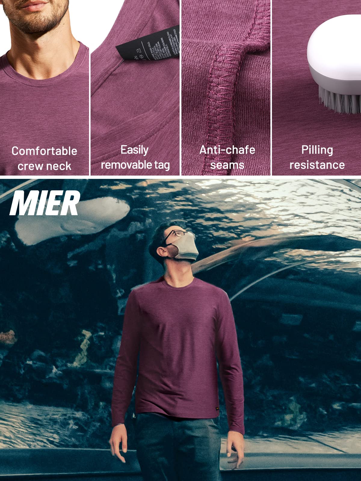 MIER Men's Soft Long Sleeve T Shirts for Workout, Running, Gym, Casual, Athletic Crew Neck Lightweight Dry Fit T-Shirts, Plum Heather, L