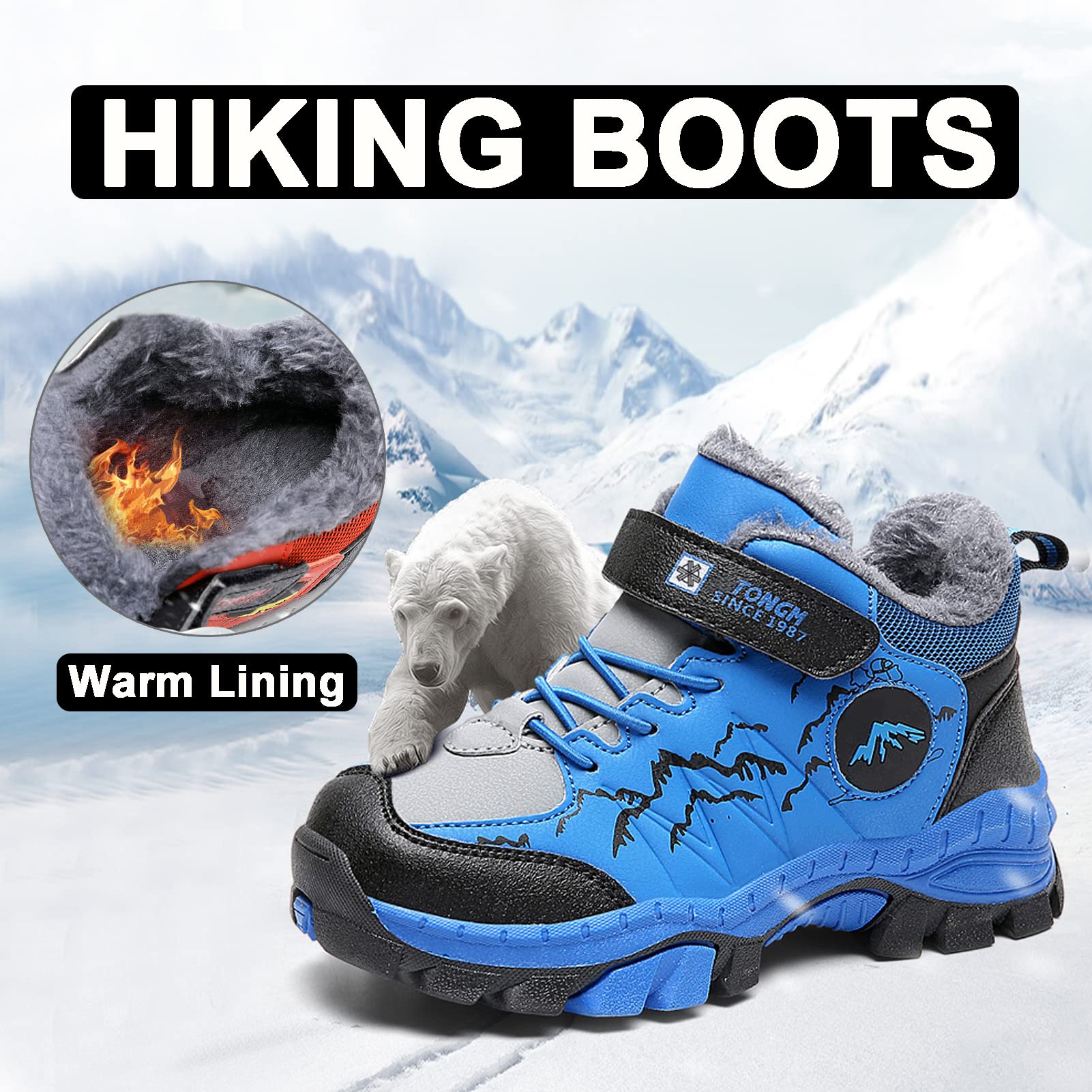 FLIOZY Hiking Boots Winter Warm Boys Snow Boots Non-slip Waterproof Camping Shoes Kids Outdoor Adventure Shoes Walking Climbing Sneaker Blue 36