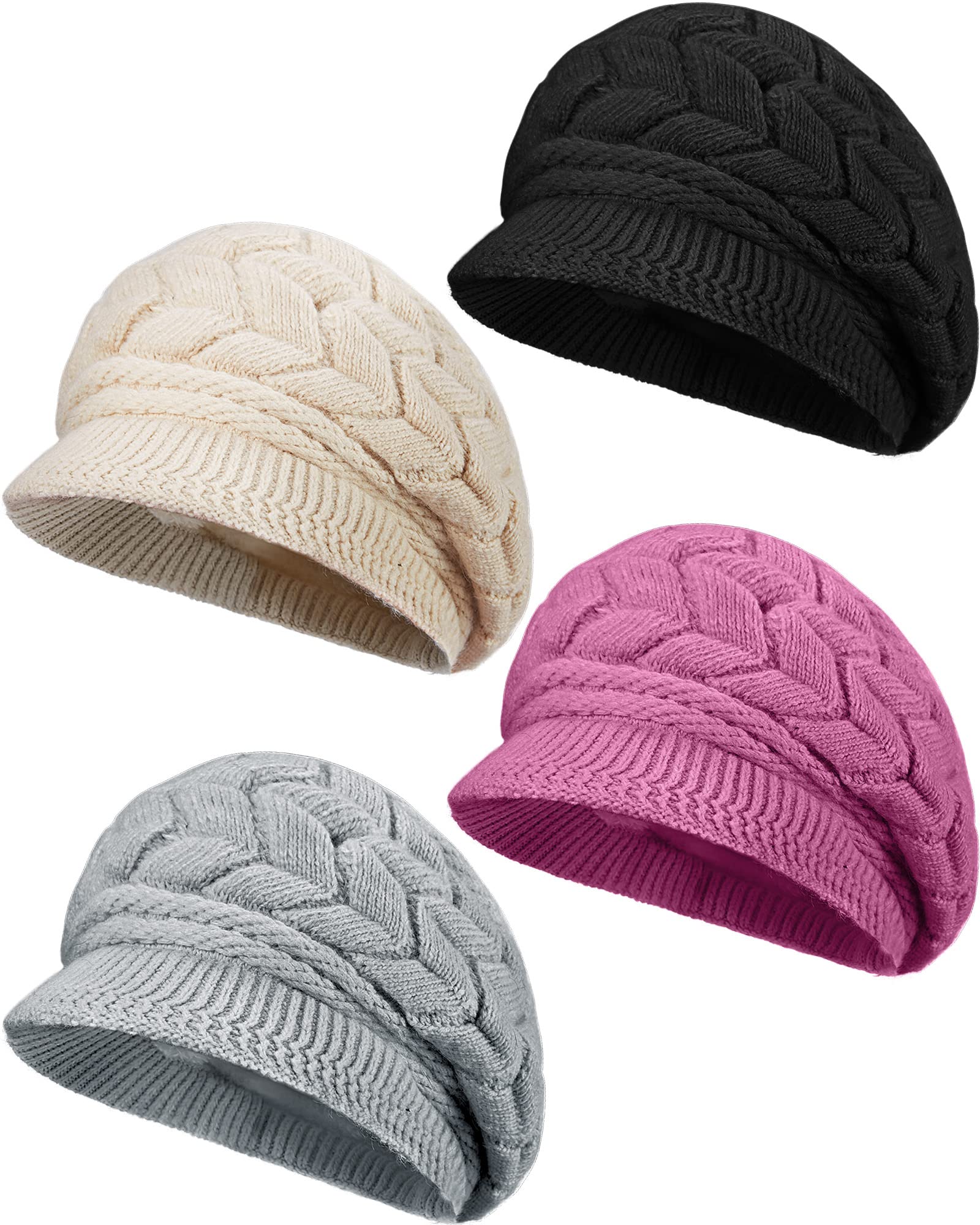 Newcotte Women Winter Hat 4 Pcs Knitted Caps with Visor 2024 Warm Hats for Women Beanies for Winter Cold Weather(Black, Beige, Purple, Gray)