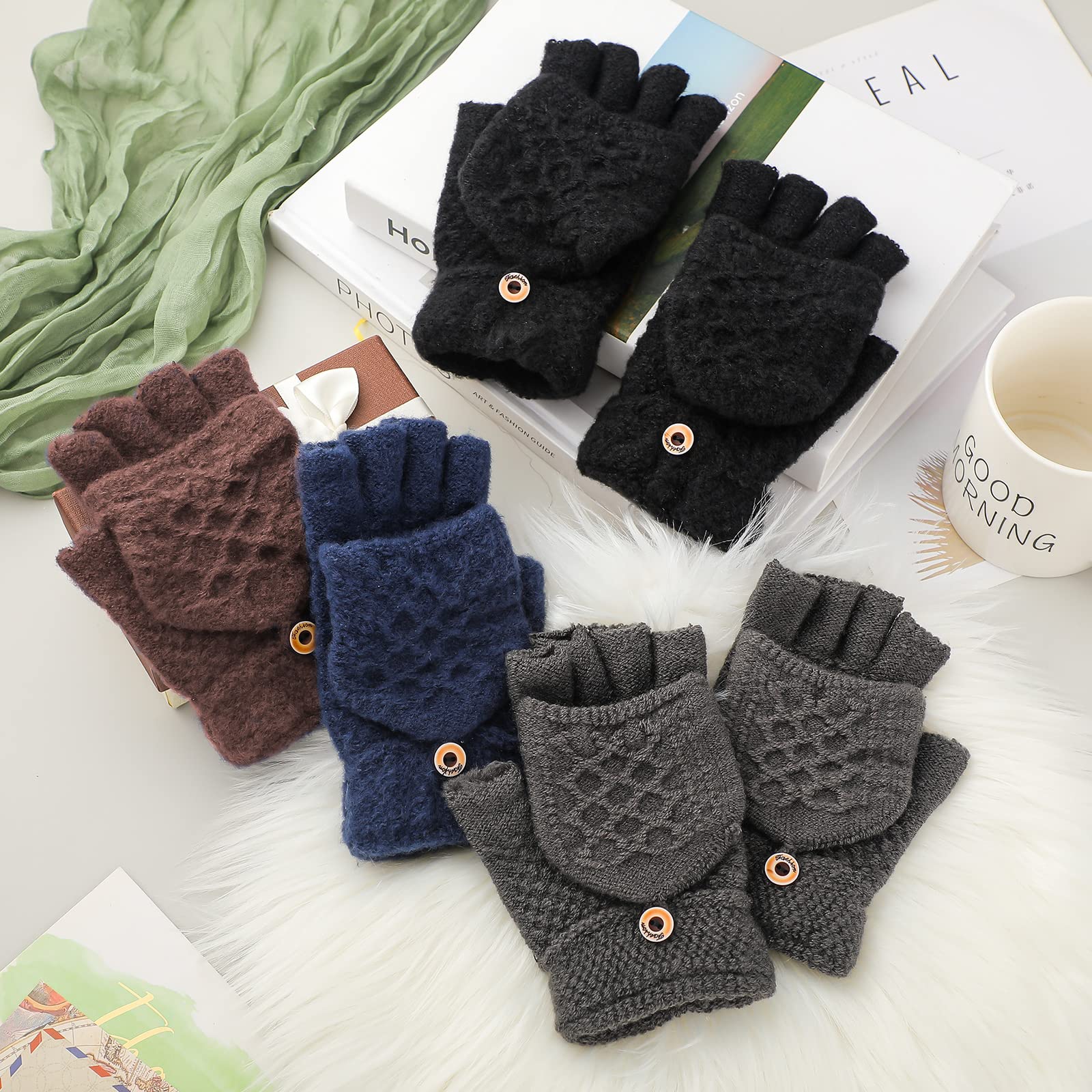 Zhanmai 6 Pairs Womens Fingerless Gloves with Finger Flaps Winter Knitted Convertible Mittens Half Cover Flip Top Mittens (Mixed Colors)