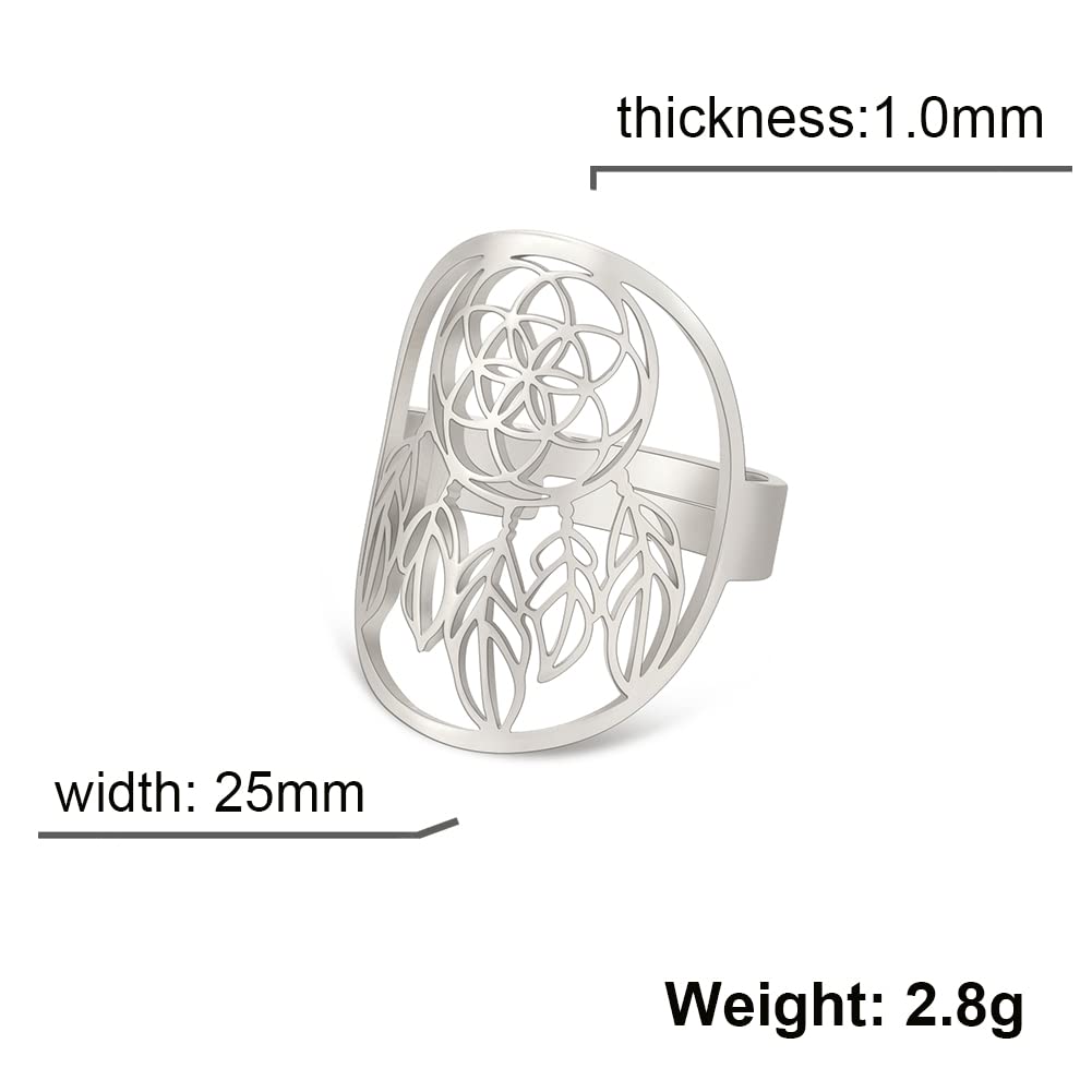 Dreamtimes Dream Catcher Ring for Women Fashion Hollow Out Dream Rings Stainless Steel Adjustable Finger Rings Feather Forest Leaf Rings Tassel Bohemian Retro Ethnic Rings