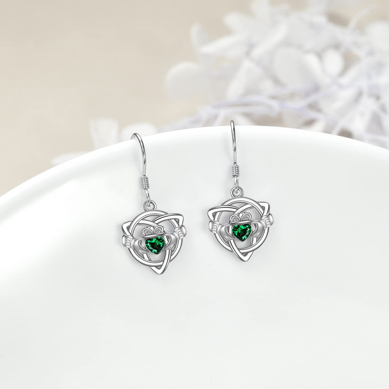 VONALA Claddagh Earrings with Emerald Crystal 925 Sterling Silver Irish Celtic Knot Heart Dangle Dangling Drop Charm Earrings Valentines Day Jewelry Gifts for Women