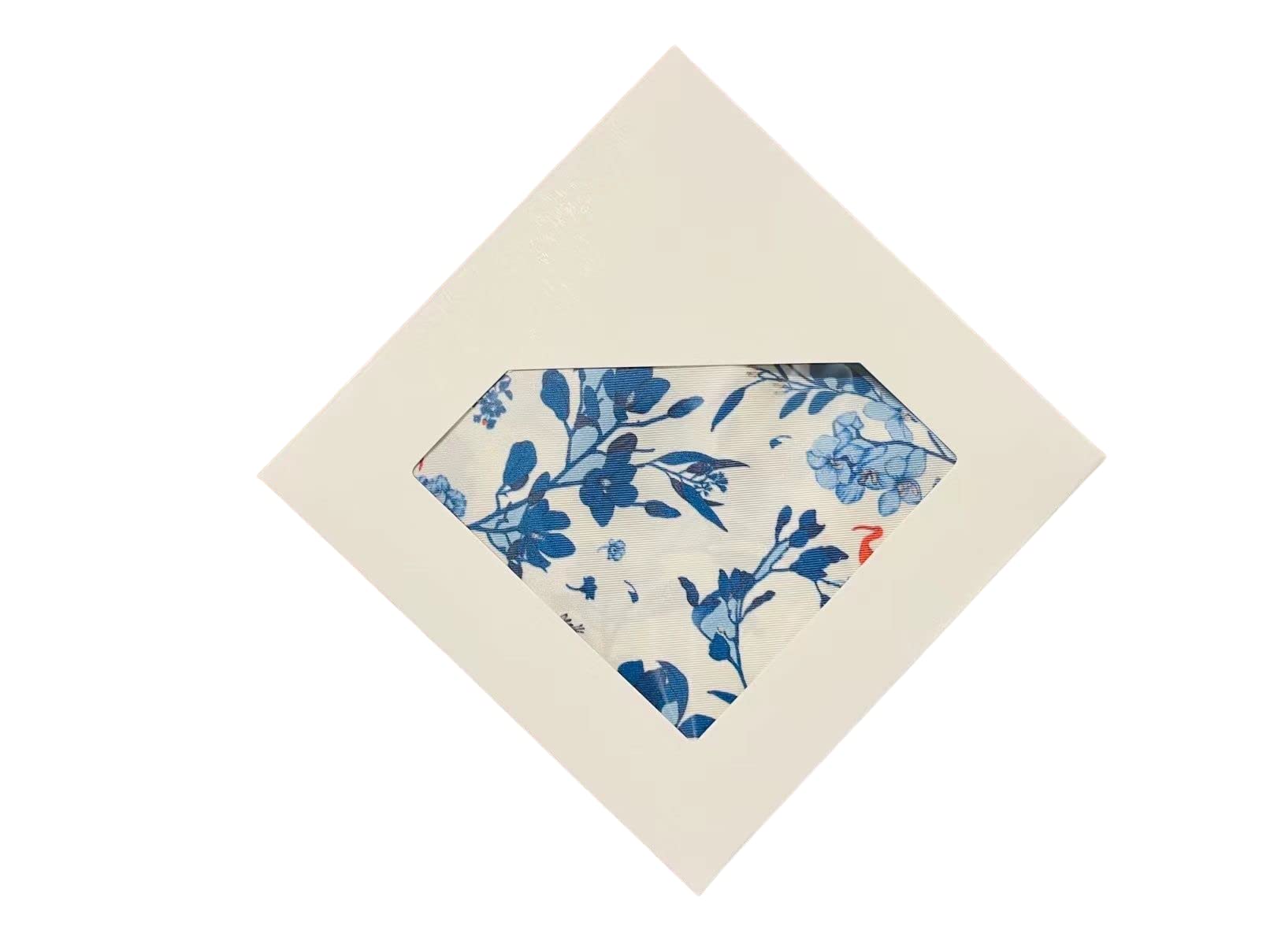 Handkerchief, men's pocket, silk square scarf, blue flower and bird pattern, oriental art