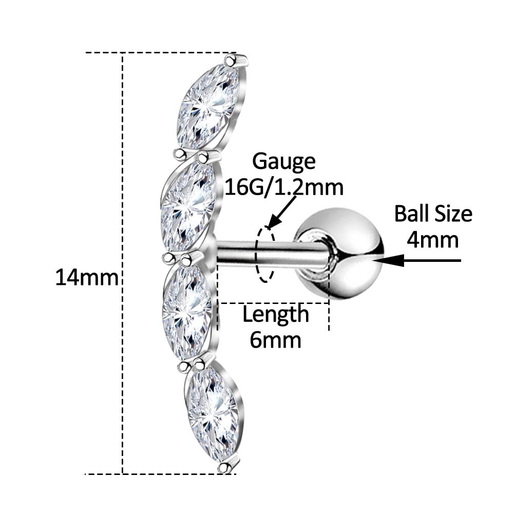 Melighting Helix Earrings 16G Curved Marquise Cartilage Earrings Clear CZ Surgical Steel 316L Tragus Piercing Jewelry Earring Stud Body Piercing Jewelry for Women