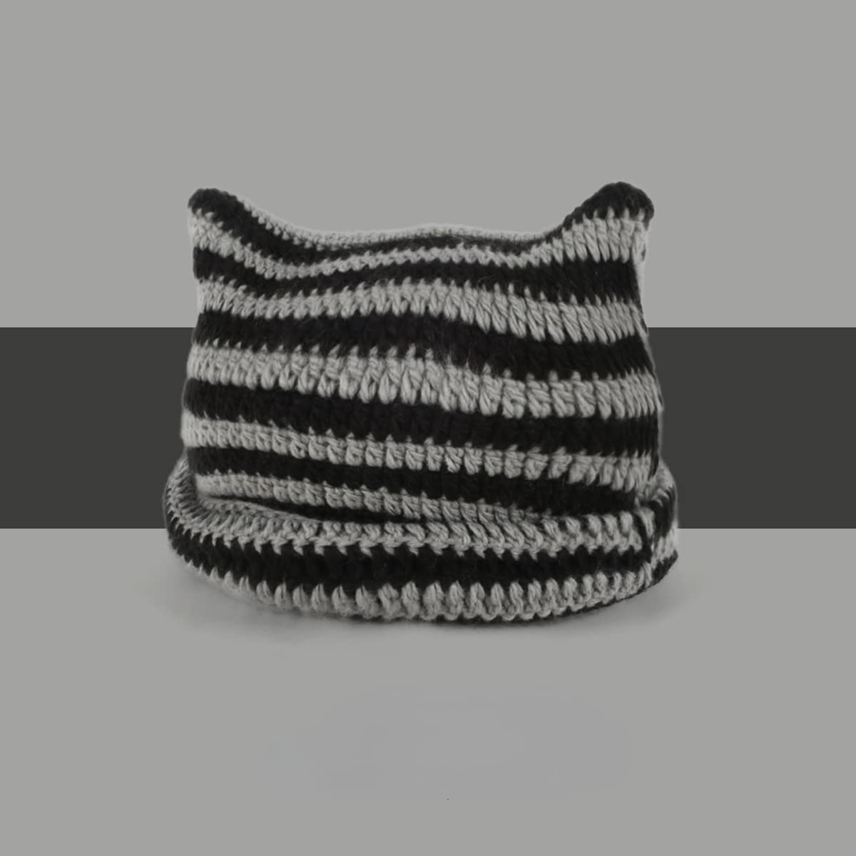 Women Harajuku Knitted Crochet Hats Striped Cat Beanie Grunge Accessories Slouchy Beanies for Women Black