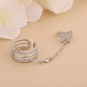 Xerling Delicate Butterfly Statement Rings for Women Bling Crystal Rhinestones Finger Ring for Teen Girls with Chain Tassel Finger Tip Rings Aesthetic Nail Rings (Type B)