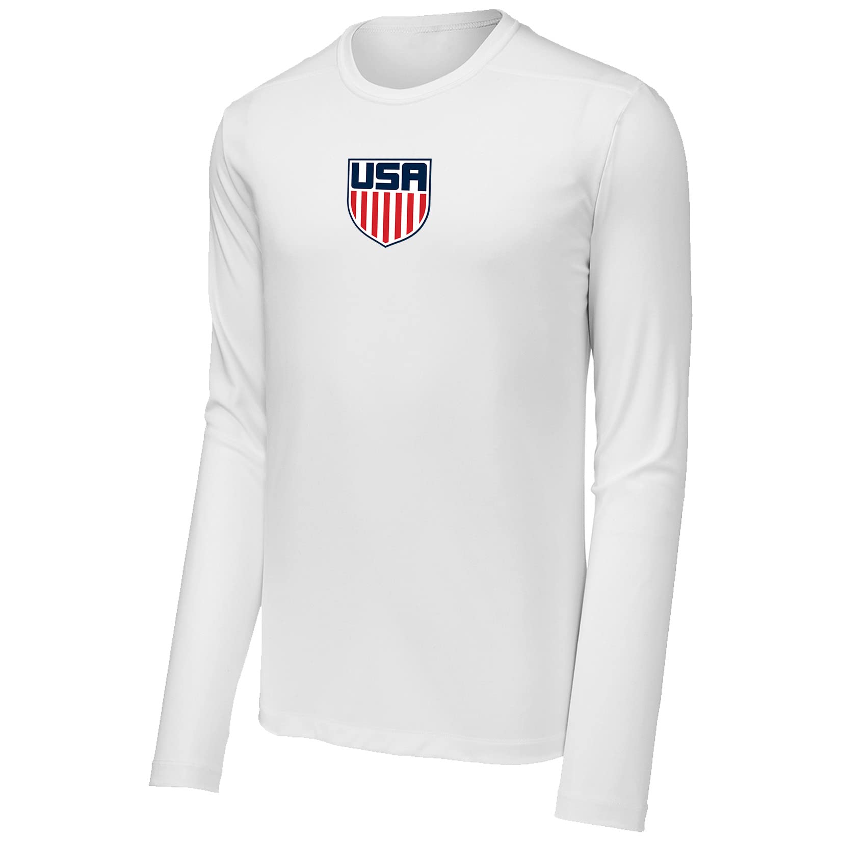 USA Flag Soccer 100% Polyester Performance Moisture Wicking Sport Tek Posi UV Long Sleeve T-Shirt for Men, Women, Unisex