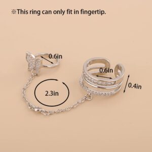 Xerling Delicate Butterfly Statement Rings for Women Bling Crystal Rhinestones Finger Ring for Teen Girls with Chain Tassel Finger Tip Rings Aesthetic Nail Rings (Type B)