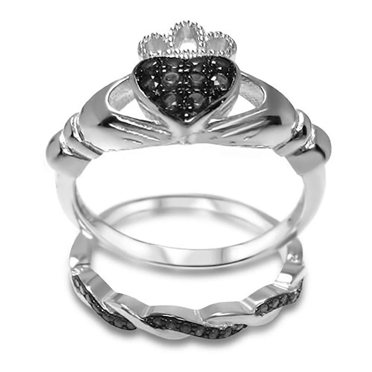 CZ Bridal Wedding Engagement Ring Set Simulated Black Diamond Sterling Silver (9)