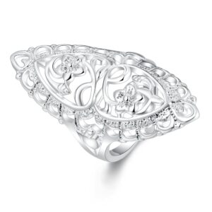 qobebota elegant size 9 sterling silver plated statement rings hollow carved flower full finger ring wide band birthday gifts chunky silver thumb rings cocktail rings for women