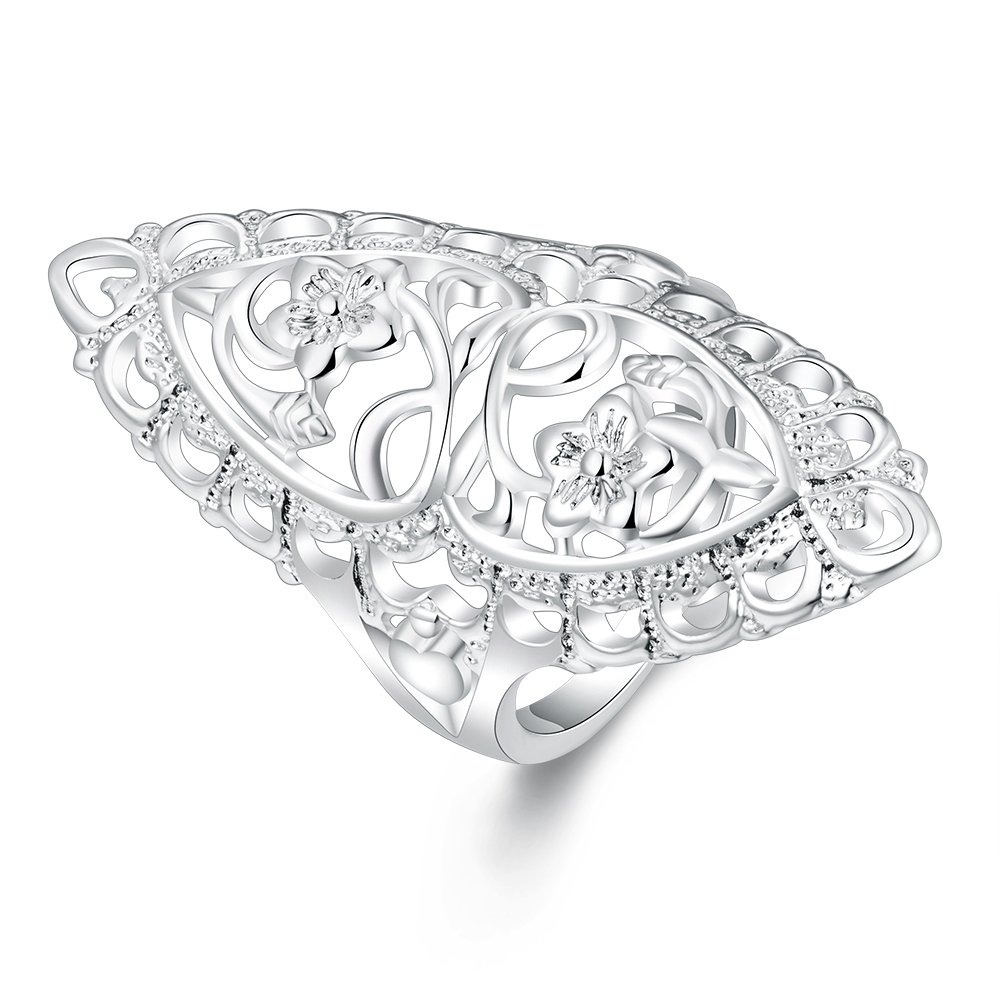 QOBEBOTA Elegant Size 9 Sterling Silver Plated Statement Rings Hollow Carved Flower Full Finger Ring Wide Band Birthday Gifts Chunky Silver Thumb Rings Cocktail Rings for Women