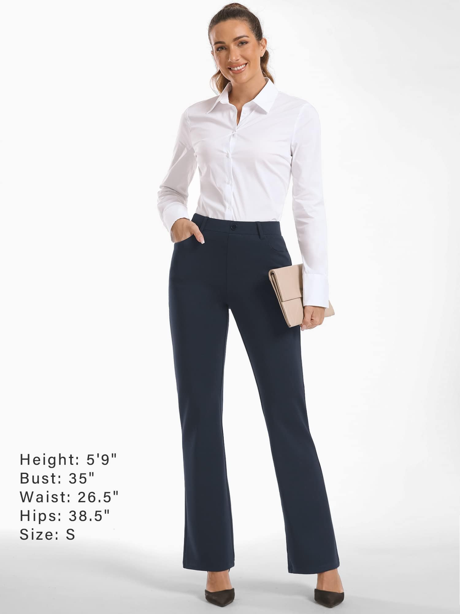 Stelle Women 28"/30"/ 32" Bootcut Dress Pants Business Casual Work Pants with Pockets Pull On Regular Slacks for Office (30" Navy, Medium)