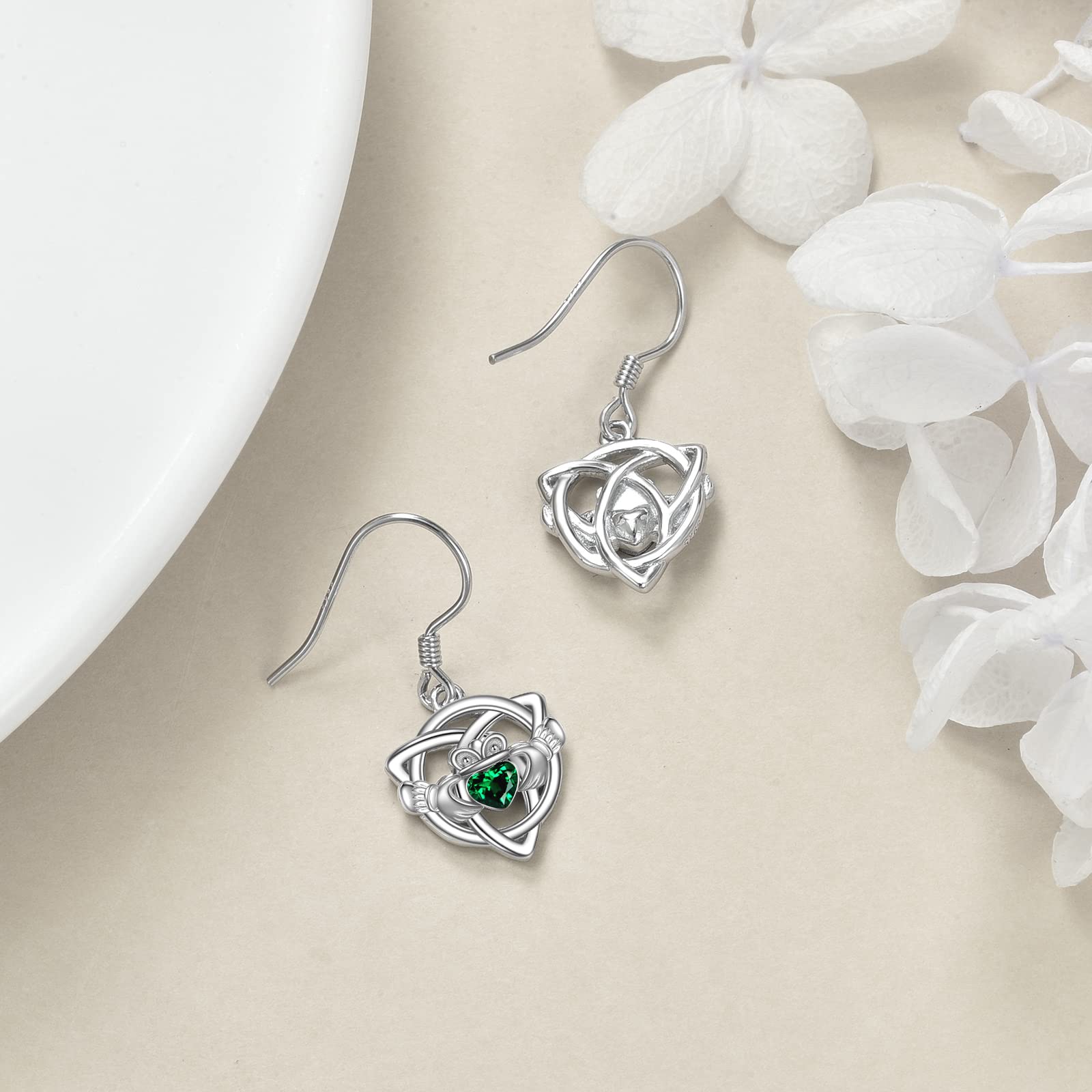 VONALA Claddagh Earrings with Emerald Crystal 925 Sterling Silver Irish Celtic Knot Heart Dangle Dangling Drop Charm Earrings Valentines Day Jewelry Gifts for Women