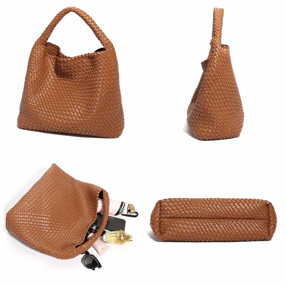 Leather Weave Purses For Women Fashion Shoulder Hobo Bags Woven Tote Handbag Top Handle Bucket Bags (Creamy-White)