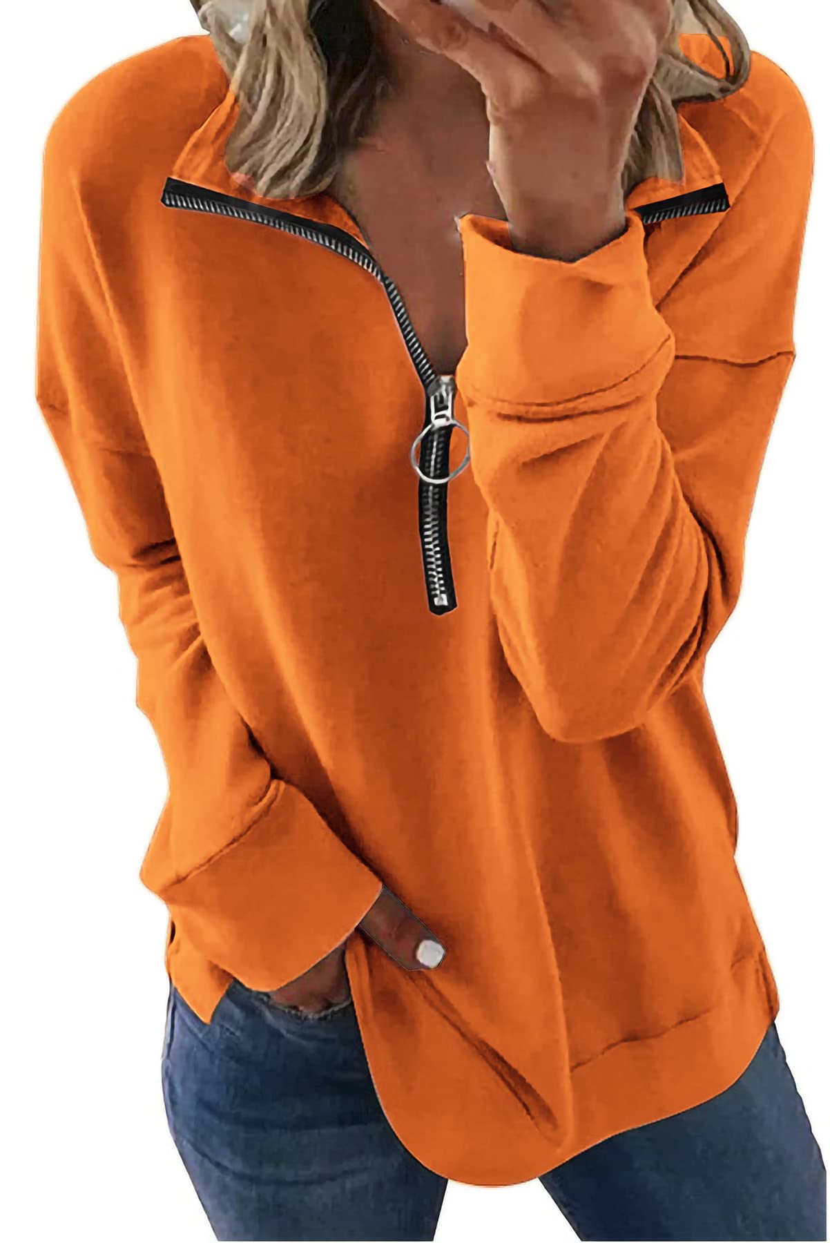 NEYOUQE womens plus size work out winter casual tunic loose fitting tops for women s dressy fall cotton collared zip up light fitted sweaters 2024 womens orange sweatshirt track suit women shirts XL