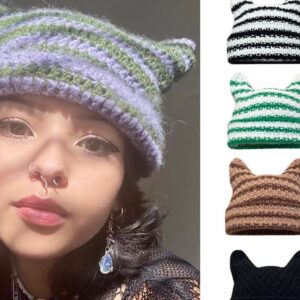 Women Harajuku Knitted Crochet Hats Striped Cat Beanie Grunge Accessories Slouchy Beanies for Women Black