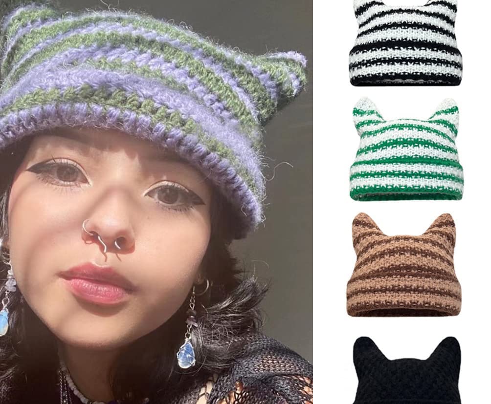 Women Harajuku Knitted Crochet Hats Striped Cat Beanie Grunge Accessories Slouchy Beanies for Women Black