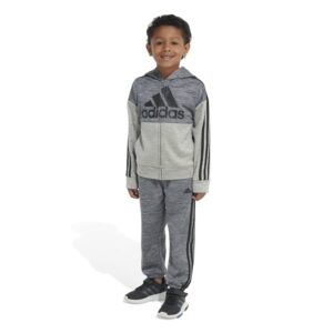 adidas Boys' Long Sleeve Color Block Mélange Fleece Jacket Set, Charcoal Grey Heather, 4