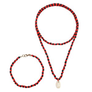 MINANH 2PCS Santeria Beads Elegua Eleke Collar Necklace with Cowrie Shell Pendant and Ide Bracelet for Papa Legba he Eshu Esu Eleggua Lukumi Lucumi Yoruba IFA Bundle Protection Orisha Ileke de (Red)