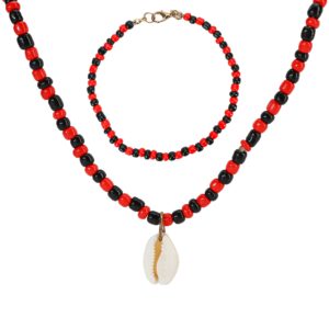 minanh 2pcs santeria beads elegua eleke collar necklace with cowrie shell pendant and ide bracelet for papa legba he eshu esu eleggua lukumi lucumi yoruba ifa bundle protection orisha ileke de (red)