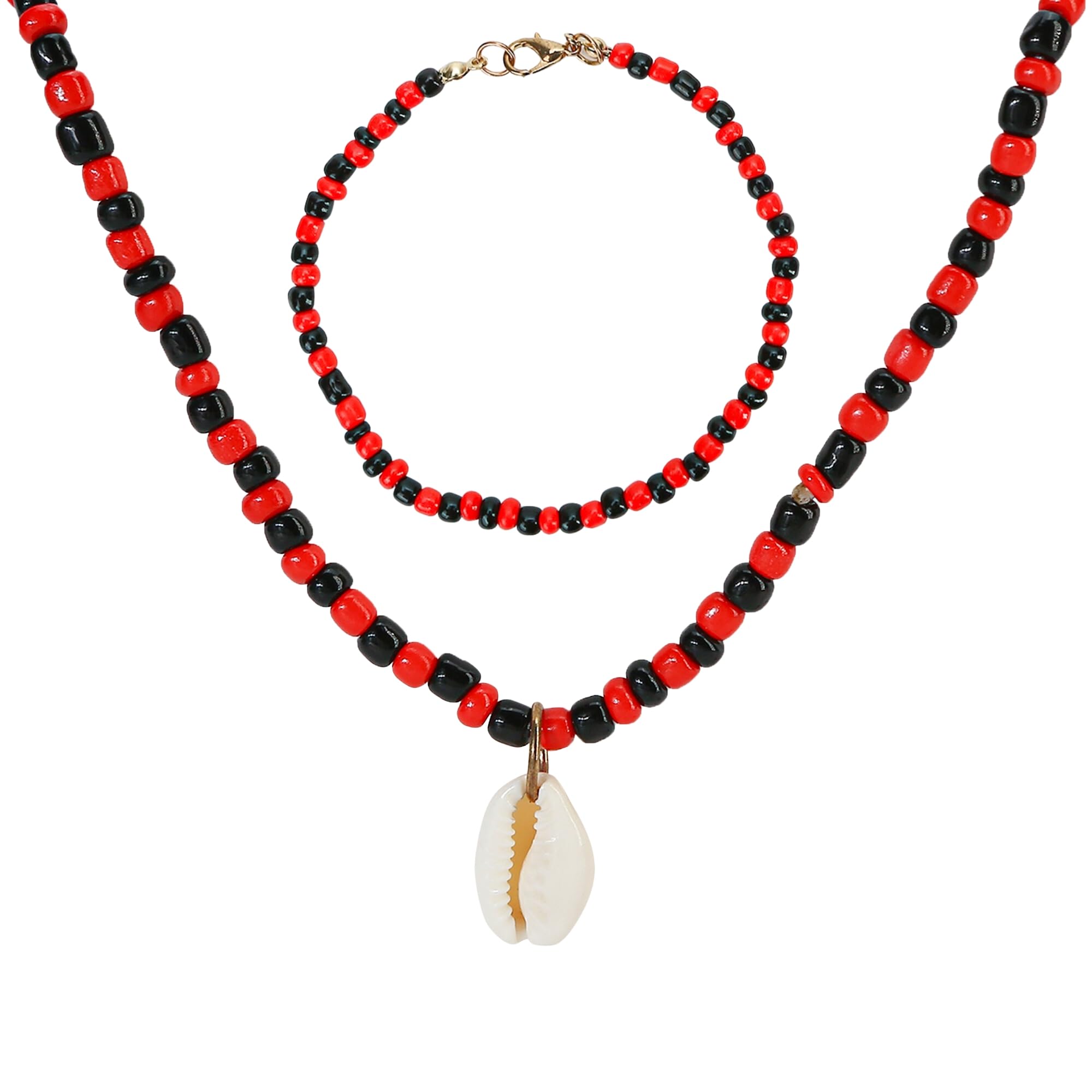 MINANH 2PCS Santeria Beads Elegua Eleke Collar Necklace with Cowrie Shell Pendant and Ide Bracelet for Papa Legba he Eshu Esu Eleggua Lukumi Lucumi Yoruba IFA Bundle Protection Orisha Ileke de (Red)