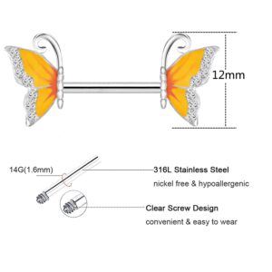 BODY16G CZCZ 14G Butterfly Nipple Rings 316L Stainless Steel Nipple Barbell Nipple Piercing Jewelry for Women