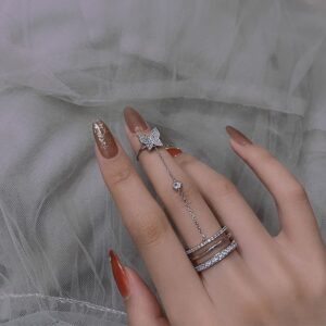 Xerling Delicate Butterfly Statement Rings for Women Bling Crystal Rhinestones Finger Ring for Teen Girls with Chain Tassel Finger Tip Rings Aesthetic Nail Rings (Type B)