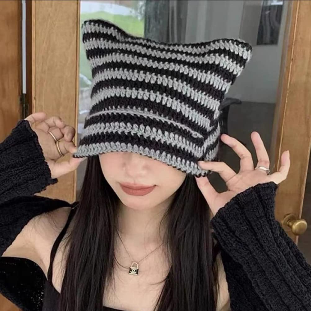 Women Harajuku Knitted Crochet Hats Striped Cat Beanie Grunge Accessories Slouchy Beanies for Women Black