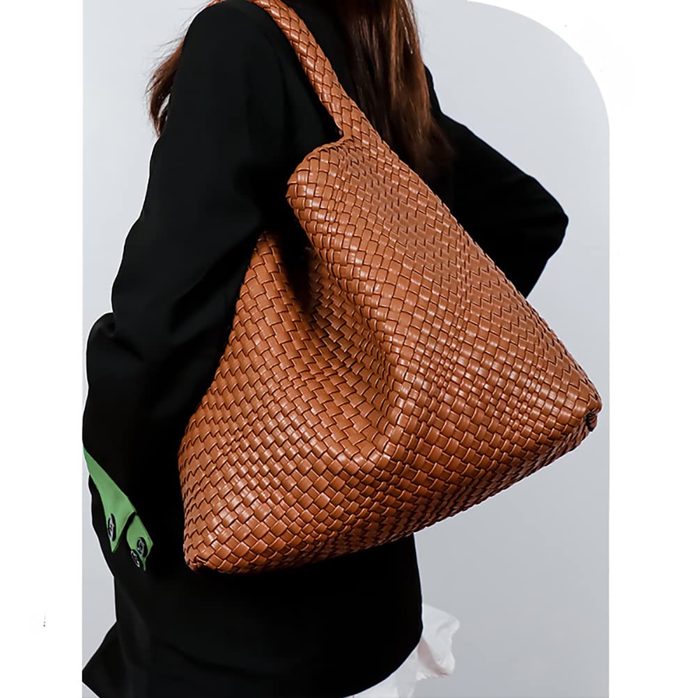 Leather Weave Purses For Women Fashion Shoulder Hobo Bags Woven Tote Handbag Top Handle Bucket Bags (Creamy-White)