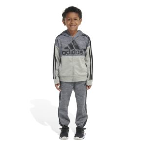 adidas Boys' Long Sleeve Color Block Mélange Fleece Jacket Set, Charcoal Grey Heather, 4