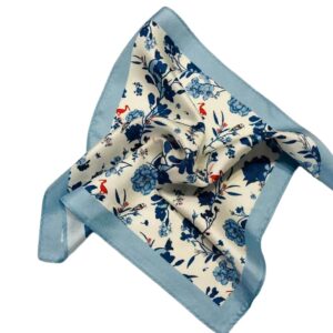 Handkerchief, men's pocket, silk square scarf, blue flower and bird pattern, oriental art