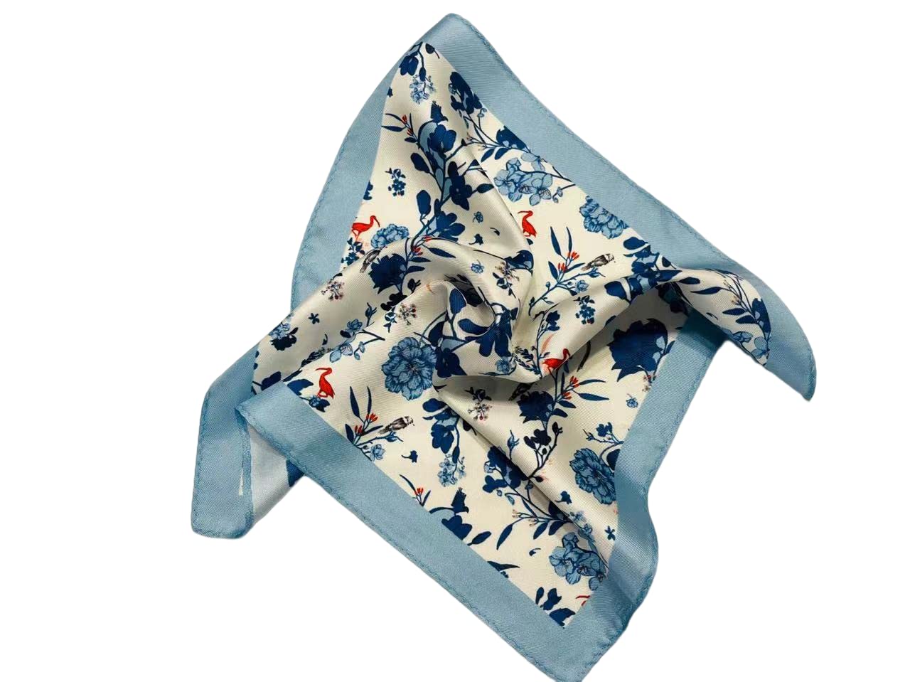 Handkerchief, men's pocket, silk square scarf, blue flower and bird pattern, oriental art