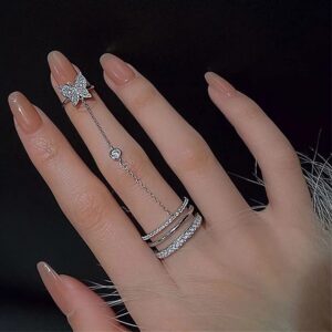 xerling delicate butterfly statement rings for women bling crystal rhinestones finger ring for teen girls with chain tassel finger tip rings aesthetic nail rings (type b)