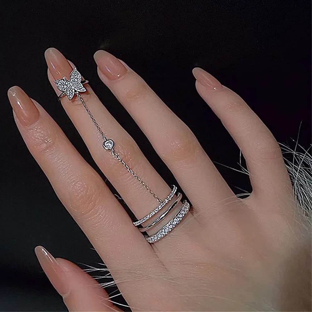 Xerling Delicate Butterfly Statement Rings for Women Bling Crystal Rhinestones Finger Ring for Teen Girls with Chain Tassel Finger Tip Rings Aesthetic Nail Rings (Type B)