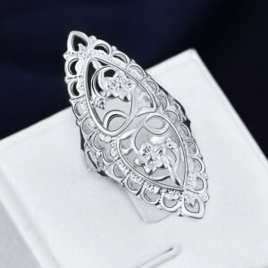 QOBEBOTA Elegant Size 9 Sterling Silver Plated Statement Rings Hollow Carved Flower Full Finger Ring Wide Band Birthday Gifts Chunky Silver Thumb Rings Cocktail Rings for Women