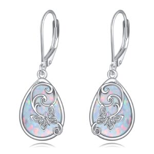 Butterfly Earrings Sterling Silver Opal Celtic Knot Butterfly Dangle Dangling Drop Dangly Leverback Earrings Insect Jewelry Gifts for Women