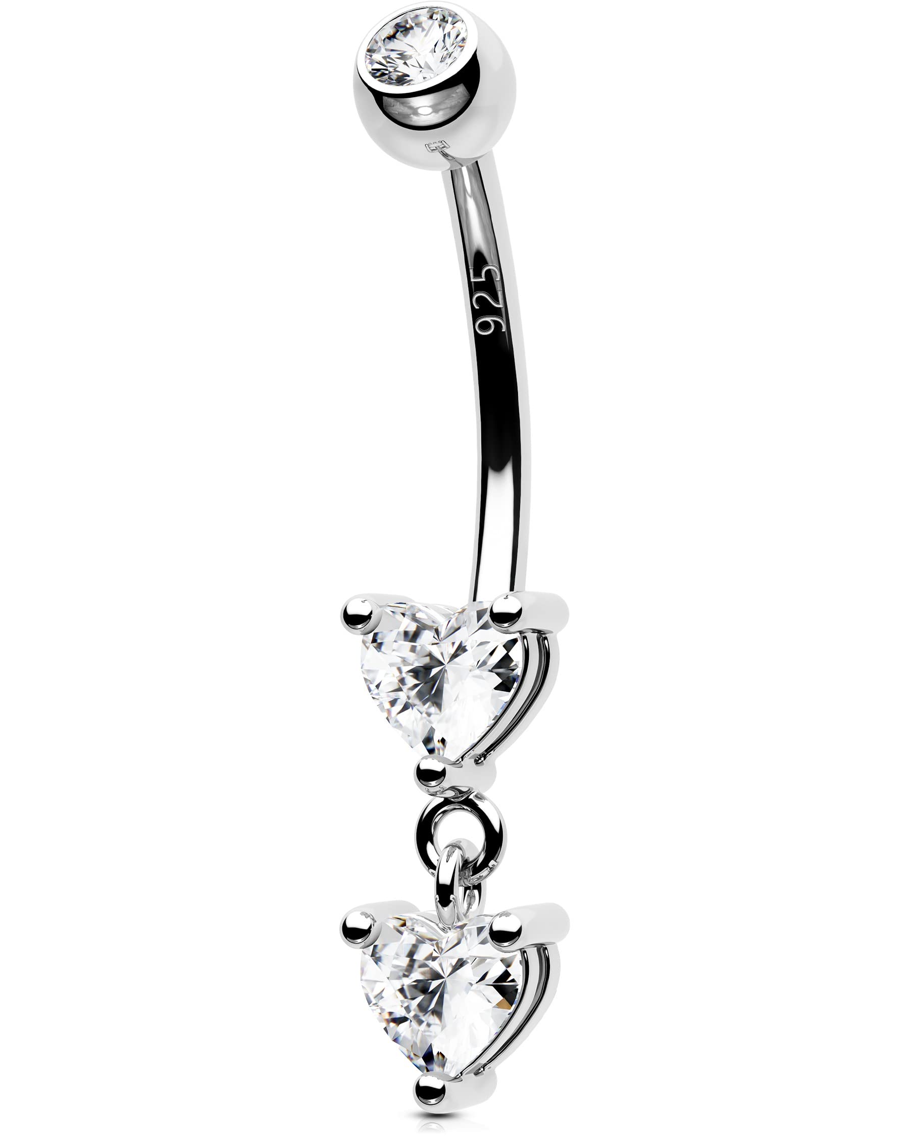 OUFER 14G Belly Rings, Dangle Belly Button Ring, 925 Sterling Silver Heart Belly Piercing Jewlery, Clear CZ Navel Piercing Jewelry for Women Men