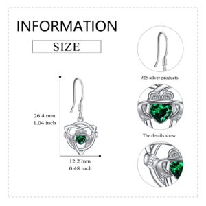 VONALA Claddagh Earrings with Emerald Crystal 925 Sterling Silver Irish Celtic Knot Heart Dangle Dangling Drop Charm Earrings Valentines Day Jewelry Gifts for Women