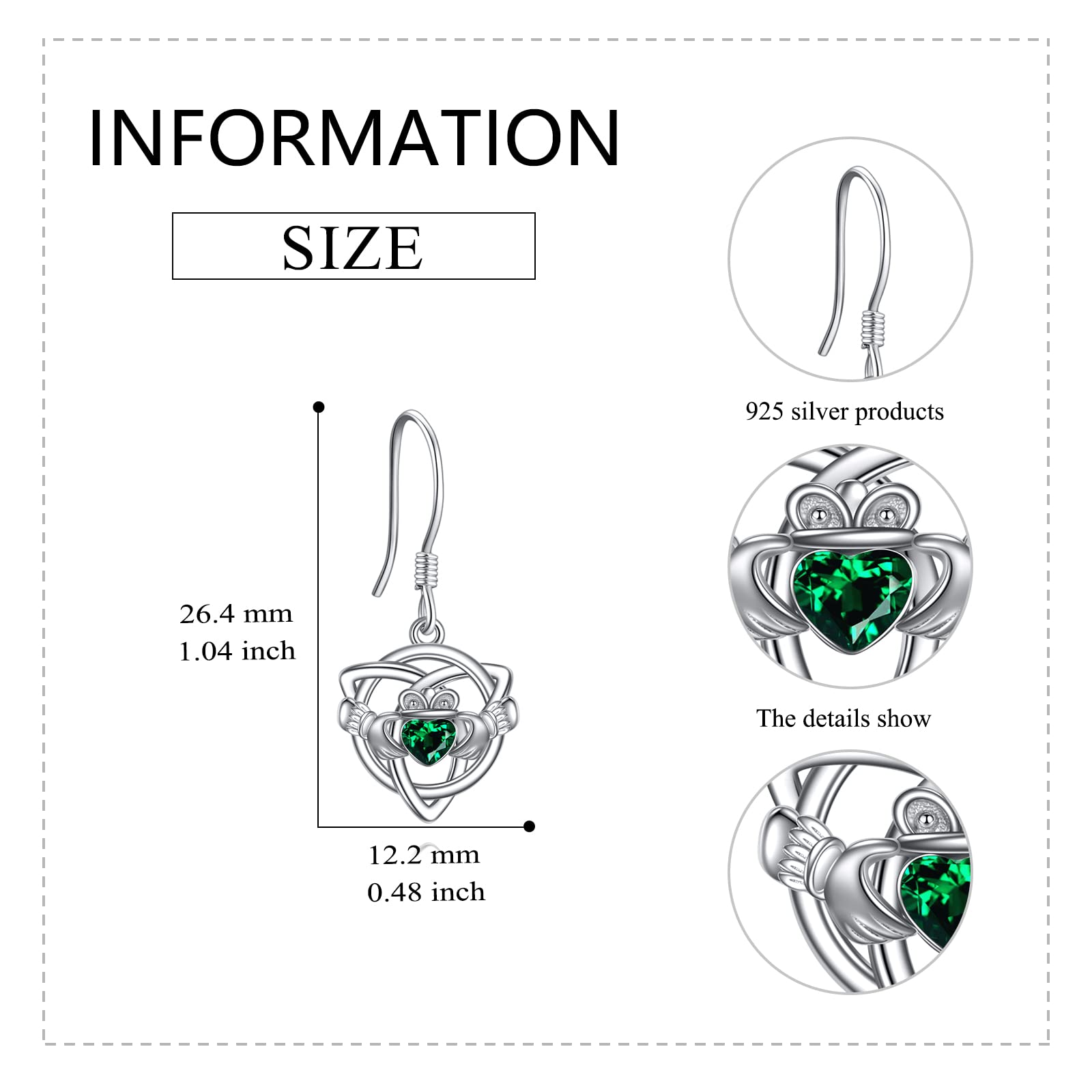 VONALA Claddagh Earrings with Emerald Crystal 925 Sterling Silver Irish Celtic Knot Heart Dangle Dangling Drop Charm Earrings Valentines Day Jewelry Gifts for Women