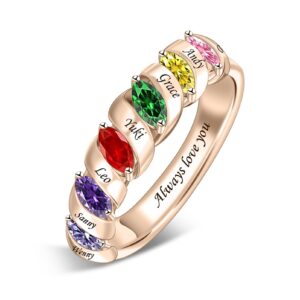 BAUMA AUTO Personalized Mothers Rings with 6 Simulated Birthstones Engraved Family Name Customized Rings to Her Birthday Anniversary Promise Name Rings Meaningful Gift for Mom Wife Grandma (Style 7)