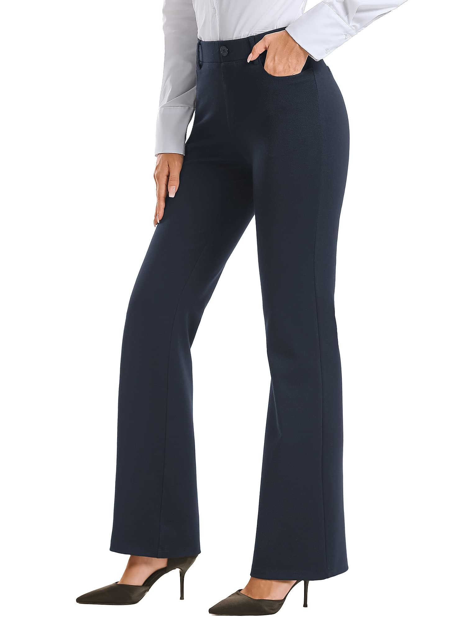 Stelle Women 28"/30"/ 32" Bootcut Dress Pants Business Casual Work Pants with Pockets Pull On Regular Slacks for Office (30" Navy, Medium)