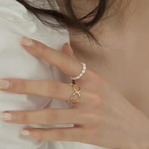 KIFUTENG Boho Pearl Rings Beaded Rings Adjustable Stretch Stackable Rings for Women Jewellery (White, 5.5-7)